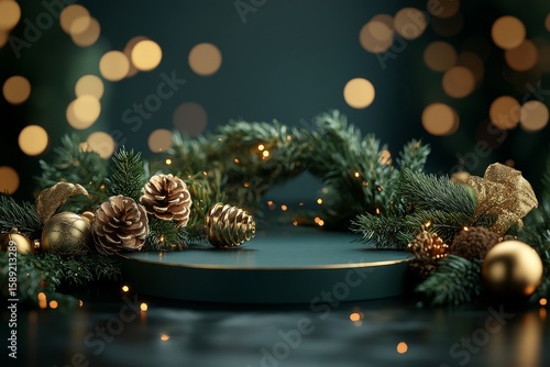 Festive Display Platform Surrounded by Christmas Lights and Greenery at Holid...