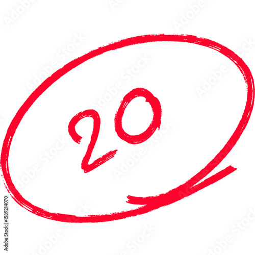 Handwritten Score 20 in Red pen Marker. Hand drawn test score 