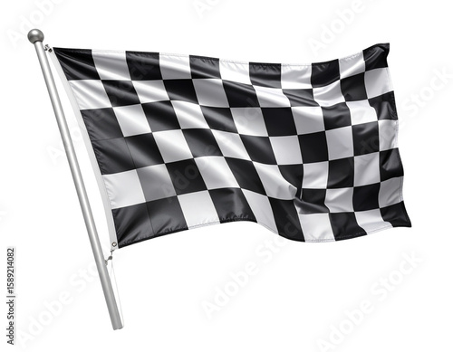  Classic black and white checkered racing flag waving, isolated on white background PNG   