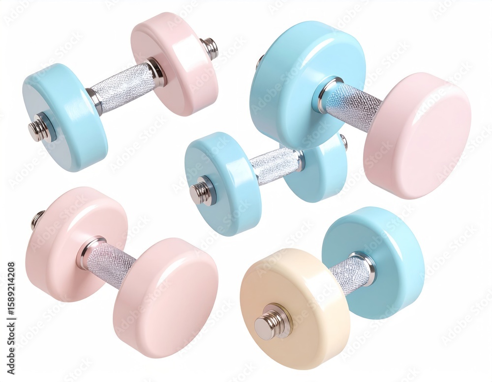 Obraz premium Pastel Colored Dumbbells Floating With Sparkle Accents Against White Background for Fitness and Exercise