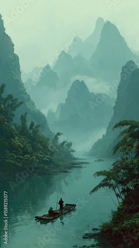 Serene River Journey Through Misty Mountains at Dawn in Lush Green Landscape