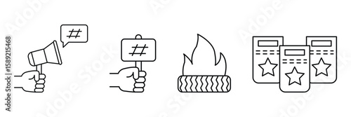 Protest demonstration rally awareness movement icon set vector illustration with placard fire badge megaphone and social hashtag campaign for rights.