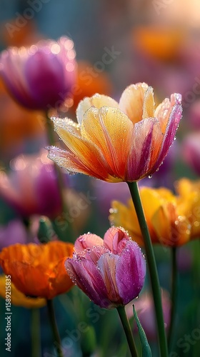 Colorful Tulips Bloom in a Vibrant Garden During Early Morning Sunlight.