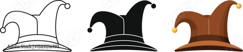 Three jester hats are displayed in a row, showcasing a line art version, a solid black silhouette, and a fully colored version, all featuring the classic pointed design with bells.
