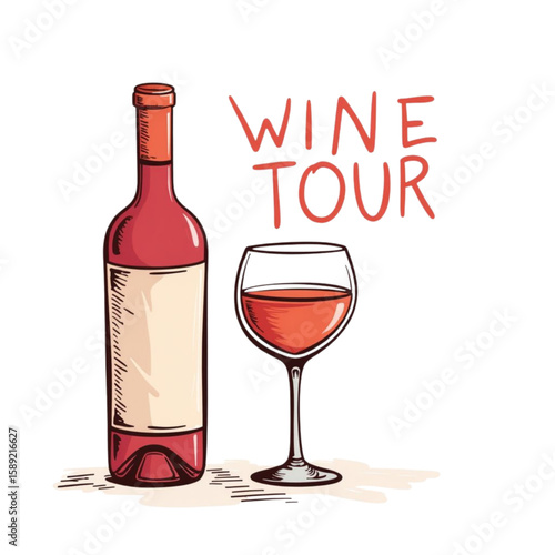 Wine bottle and glass with red wine for wine tour concept  on a transparent background