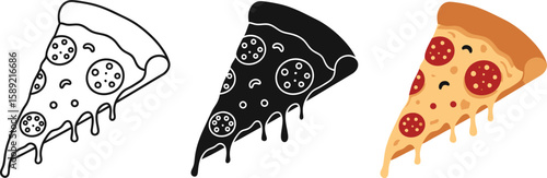 Three pizza slices showcase different styles, from a simple outline to a bold silhouette and a fully colored version, perfect for illustrating culinary concepts and food designs.