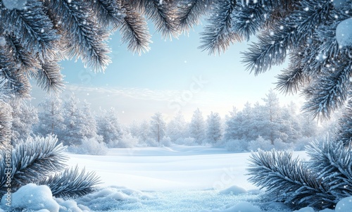 Snowy Winter Landscape Surrounded by Evergreen Trees Under Clear Blue Sky.
