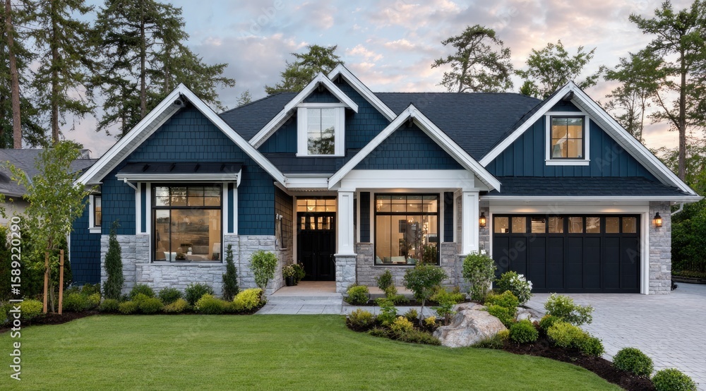 Obraz premium New construction home in the Pacific Northwest, a navy blue house with white trim and black stone accents, a grassy yard with green trees