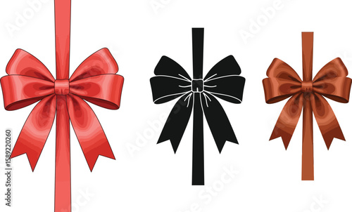 Three decorative bows in red, brown, and black add a touch of elegance, perfect for gift wrapping, holiday decorations, or adding a festive flair to any design project.