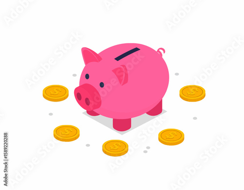Isometric Piggy Bank Icon with Gold Coins