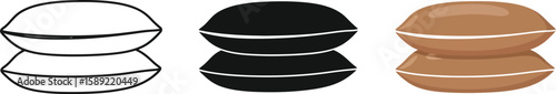 Two pillows stacked are presented in three different styles, including a line drawing, a solid black silhouette, and a brown filled version, showcasing various design options.