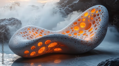 Futuristic sculptural lounge chair illuminated by warm light, set against a dramatic ocean backdrop, blending art and nature for modern living spaces.