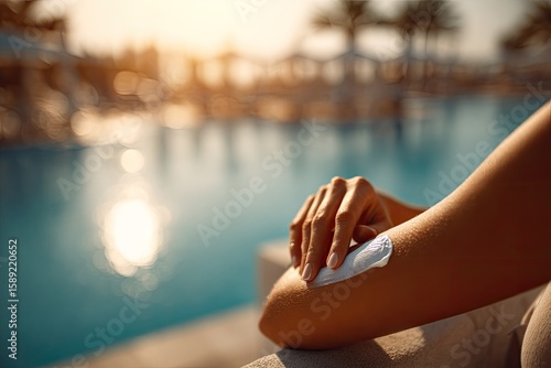 Wallpaper Mural Woman applying sunscreen by pool at sunset Torontodigital.ca