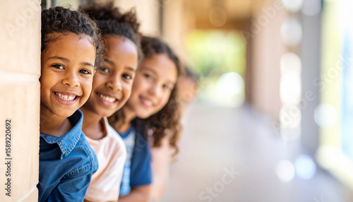 a group of children peering curiously around the corner of a wall with space for text