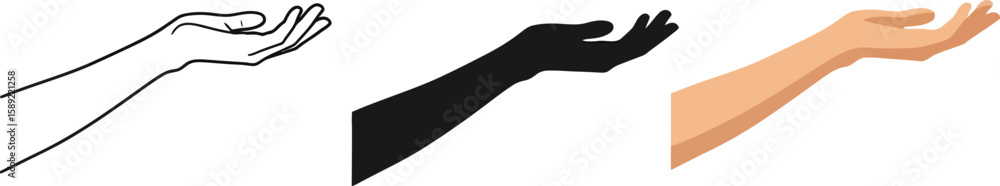Three vector illustrations showcase a hand in a receiving or offering gesture, presented in line art, silhouette, and realistic skin tone, ideal for diverse design applications. Three vector illustrations showcase a hand in a receiving or offering gesture, presented in line art, silhouette, and realistic skin tone, ideal for diverse design applications.