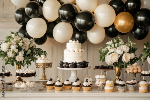 Elegant Dessert Table Showcasing Cupcakes and a Cake for a Celebration Event.