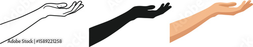 Three vector illustrations showcase a hand in a receiving or offering gesture, presented in line art, silhouette, and realistic skin tone, ideal for diverse design applications.