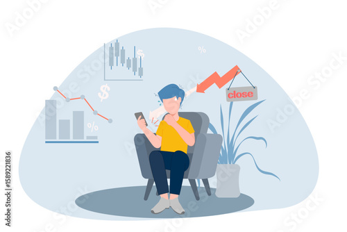 Flat style illustration of a man checking economic crisis news on phone. Downward arrow and graph show recession and financial downturn concept