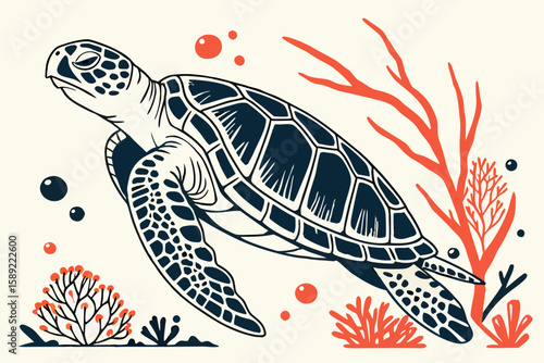 Dark blue sea turtle swims near coral reefs marine life