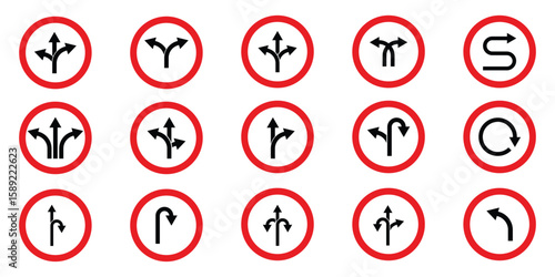 Road direction arrow route navigation sign icon set vector illustration with red circle traffic symbols for driving safety and transport guidance.