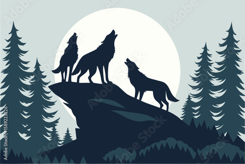 Three wolves howling on a cliff under a large moon
