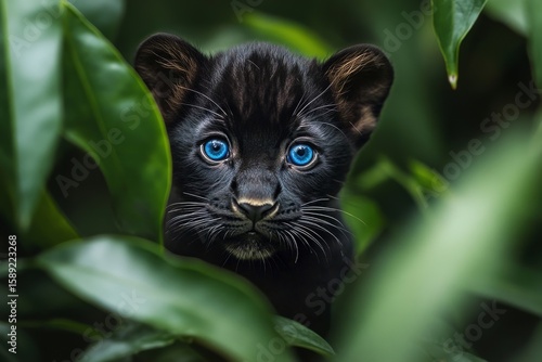 Young Black Panther With Blue Eyes Peering Through Lush Green Foliage in a Tr...