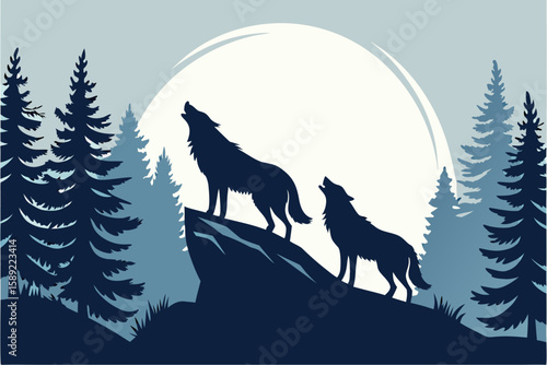 Two wolves howling at the moon on a mountain wolf night