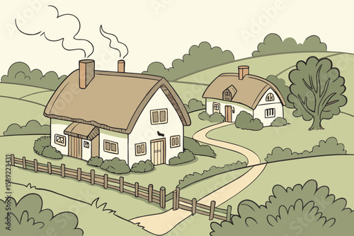 Two thatched roof cottages in a green landscape village