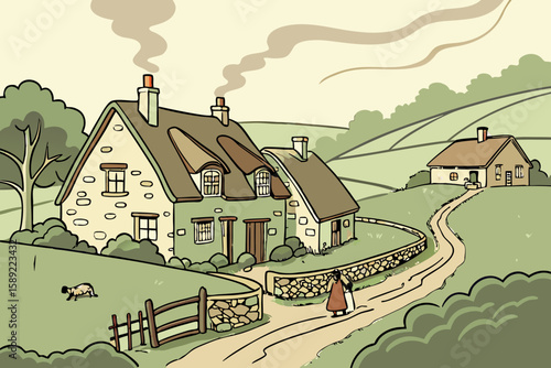 Two stone cottages with thatched roofs and smoking chimneys