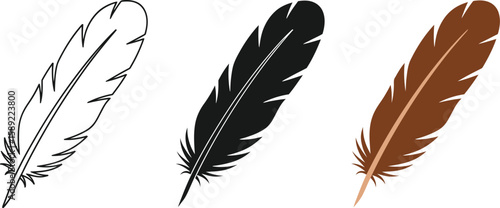 Three feathers are displayed in a vector set, showcasing a line drawing, a solid black silhouette, and a brown feather with detailed barbs, perfect for design elements.