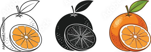 Three orange fruit illustrations showcase a whole orange with a leaf and a slice, presented in line art, silhouette, and full color, ideal for designs needing citrus elements.