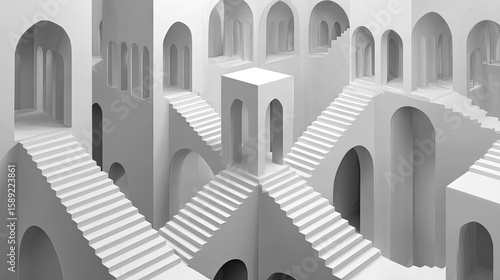 Whimsical white, maze-like stairs and arches