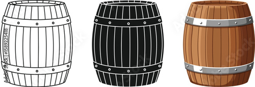 Three wooden barrels showcase different styles, including a line art version, a solid black silhouette, and a detailed color illustration, perfect for various design projects.
