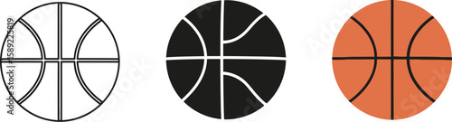 Three basketball icons showcase different styles, from a simple outline to a solid black silhouette and a detailed orange ball, perfect for sports design and athletic themes.