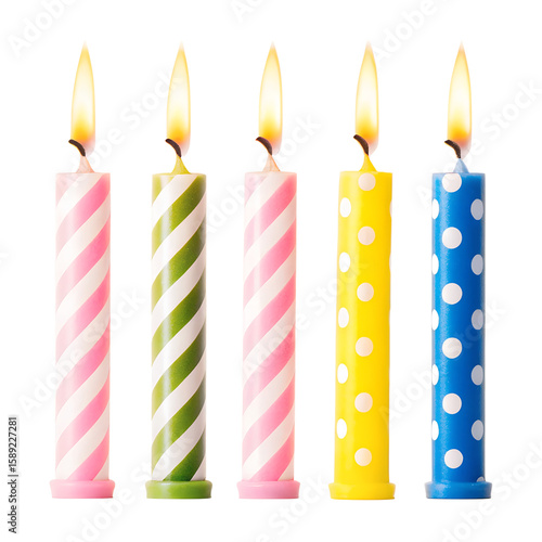 colorful birthday candles isolated on transparent white background, clipping pat