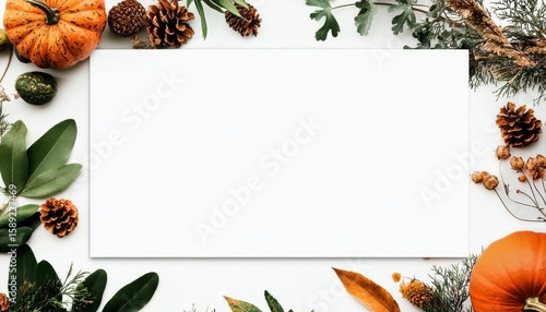 Seasonal Decoration With Blank Canvas Surrounded by Autumn Elements on a Whit...