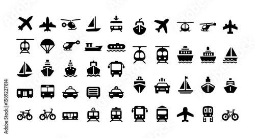 Transport Glyph Icon Set – Vector Silhouette Pictograms of Airplane, Helicopter, Boat, Ferry, Cargo Ship, Motorcycle, Bicycle, Tram, Subway, and Metro

