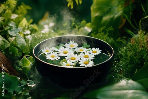 Beautiful Bowl of Daisies Floating in Water Surrounded by Lush Green Foliage ...