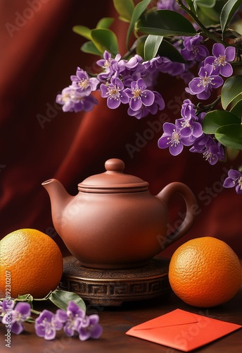Tradition of Tea Culture With Teapot Oranges and Flowers on a Decorative Table.
