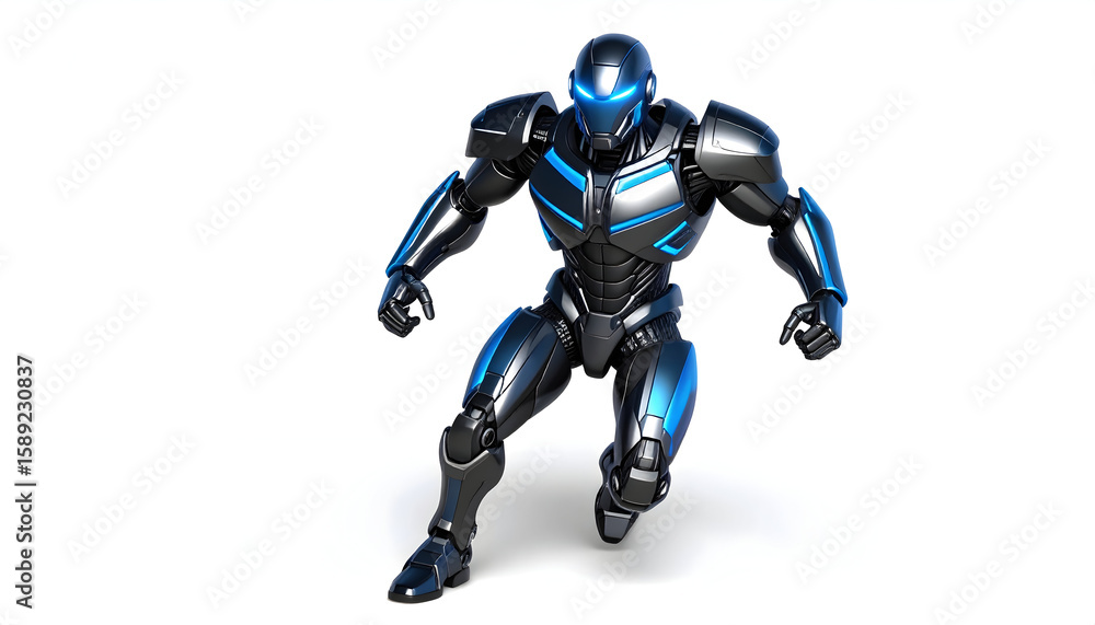 Powerful Black and Blue Futuristic Robot in Action Pose Powerful Black and Blue Futuristic Robot in Action Pose
