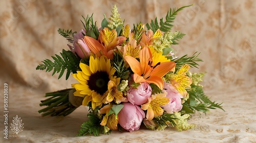 A harmonious mix of yellow sunflowers, orange lilies, and pink peonies, accompanied by delicate green ferns and sprigs of rosemary.