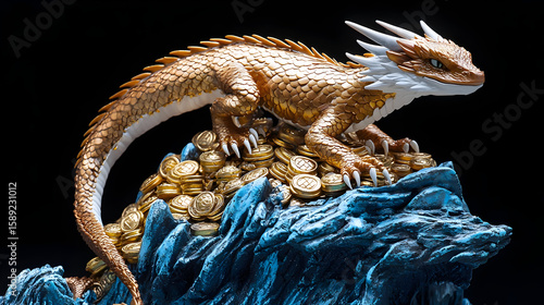 Golden lizard dragon figurine atop a pile of gold coins.  The creature has spiky crest and is perched on a rocky, textured base