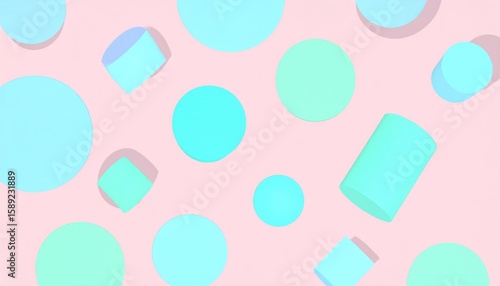 Delicate Pastel Colored 3D Minimal Abstract Shapes with Cast Shadows on Pink Background