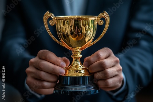 Award Recipient Holds Golden Trophy With Pride in Celebratory Moment.