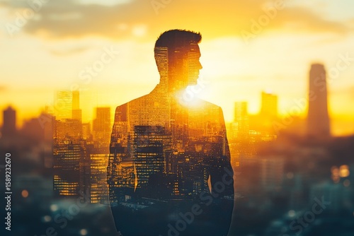 Silhouette of a Man Against a Stunning Sunset Over an Urban Skyline With Glow...