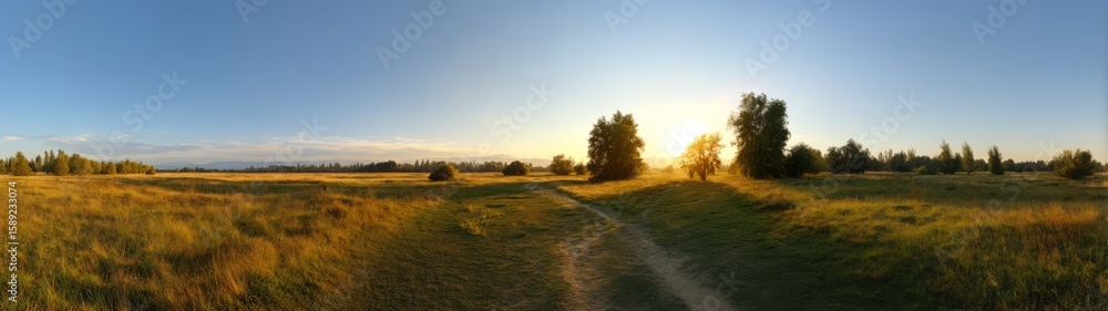 Fototapeta premium Scenic sunset landscape open field hdr 360 degrees panoramic view nature serenity