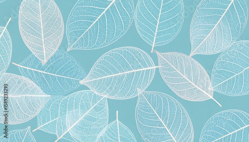 Delicate White Leaf Skeletons Overlapping on a Light Blue Background Forming a Natural Texture Pattern in Minimalist Design