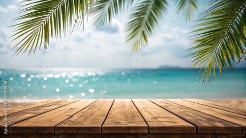 Tropical Beach with Wooden Table and Palm Leaves in Summer