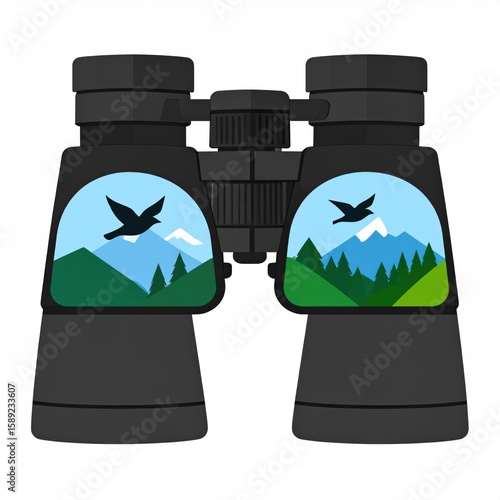 Detailed Binoculars with Bird and Mountain Icon Depicting Nature Exploration on White Background