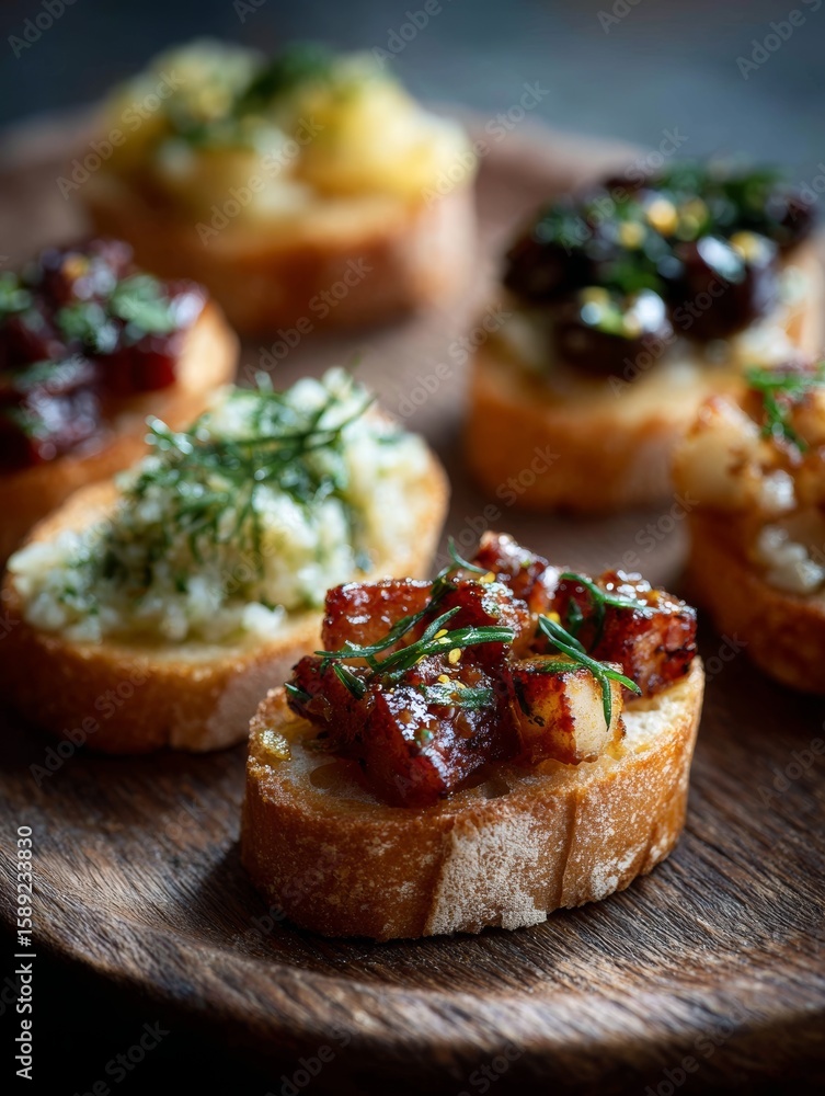 Overhead view of assorted Spanish tapas on rustic wooden serving board with fresh herbs and olives Overhead view of assorted Spanish tapas on rustic wooden serving board with fresh herbs and olives